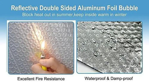 Reflective Double Sided Aluminum Foil Bubble for insulation; shows fire resistance test with bubbles and shiny side texture.