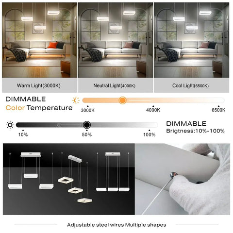 Image showing Integrated LED Pendant Light With Dimmable Color Changing LEDs Remote Control 3 Light Dope Modern Ceiling Fixture for kitchen island and dining room, demonstrating dimmable color temperature from warm to cool light and adjustable brightness.