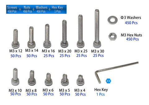 M3 Stainless Steel 304 Hex Socket Head Cap Screws Set Pro Grade 1350 Pcs With 12 Lengths From 4 To 30mm 0.5mm Pitch Includes Nuts And Washers