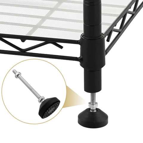 4 Pcs M8 Metal Adjustable Leveling Feet Heavy Duty Swivel Furniture Glides Leveler, black, installed on metal shelf leg