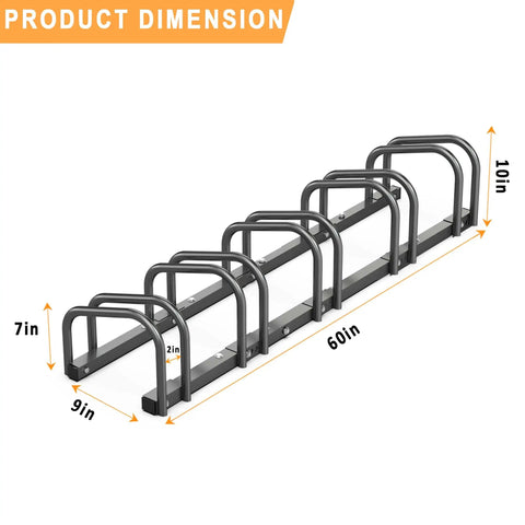 Five Bike Floor Rack For Garage Storage Heavy Duty Bicycle Stand, durable rust-resistant metal, measures 60in x 10in x 9in.