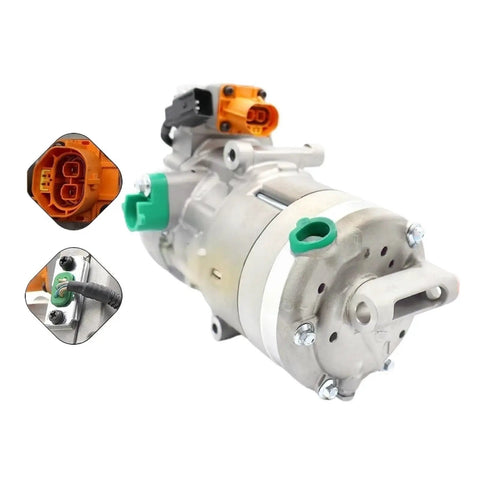 Top Shelf Electric AC Compressor Swap Out For Hyundai Kona And Kia Niro EV with 110mm pulley, showcasing electric connections and housing.