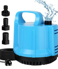 Heavy Duty Submersible Water Pump 1200 GPH 115W For Large 140 To 300 Gallon Tanks Ponds Aquariums Fountains Pools And Hydroponics With 8.2 Foot Power Cord Three Outlet Nozzles Blue shown with accessories