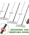 Heavy Duty Garden Rake For Leaves And Debris With 60 Inch Adjustable Handle, shown in three lengths with ergonomic design