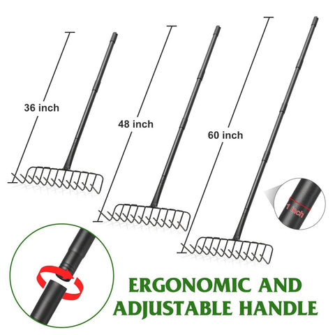 Heavy Duty Garden Rake For Leaves And Debris With 60 Inch Adjustable Handle, shown in three lengths with ergonomic design