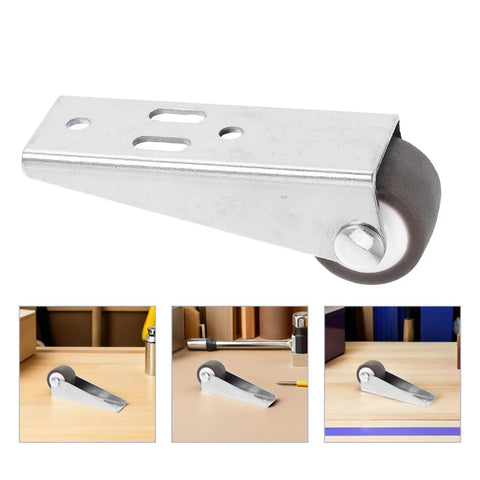 4 Pack Sliding Door Bottom Support Rollers Featuring Hella Tough Rubber Swivel Casters close-up on steel frame with rubber wheel for sliding doors.