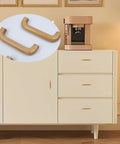 Close-up of 8 Pack Arch Wooden Cabinet Pulls Beech Wood Drawer Handles with Screws on a light-colored cabinet.