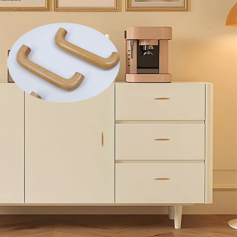Close-up of 8 Pack Arch Wooden Cabinet Pulls Beech Wood Drawer Handles with Screws on a light-colored cabinet.