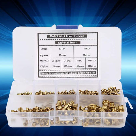 650 Pcs Solid Brass Eyelets Rivets Kit featuring various sizes in a clear storage box for crafts and leather projects.