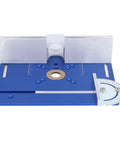 Rock Solid Aluminum Router Table Insert Plate For Woodworking Flip Top, blue with precise measurements and adjustable features.