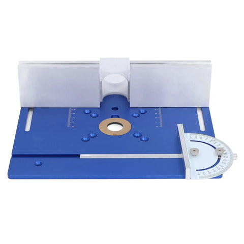 Rock Solid Aluminum Router Table Insert Plate For Woodworking Flip Top, blue with precise measurements and adjustable features.