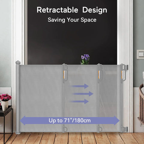 Retractable Mesh Baby Gate For Stairs And Doorways, Extra Wide Up To 71 Inches, showing retractable installation in doorway