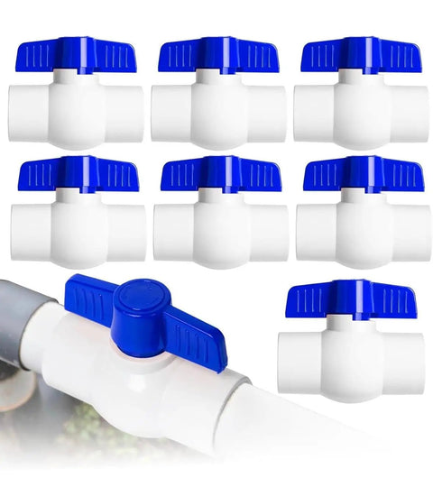 Heavy Duty 1/2 Inch PVC Ball Valve Sch40 Socket To Socket Shut Off Valve For Plumbing Irrigation Pool Spa With Blue Handle And Built Tough Zero Drip Seal Pack Of 5 arranged in a group.