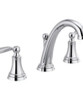Woodhurst Chrome 3 Hole 8 Inch Widespread Bathroom Faucet for Vanity with metal handles and arching spout, shiny finish.