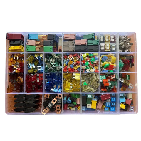 Massive 1000 Piece Car Fuse Kit with fast, medium, slow blow fuses in color-coded storage box for cars, trucks, RVs, boats.