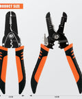 All-In-One Wire Stripper Tool 5 In 1 Pro Grade Pliers with orange and black handles, showing size and features.