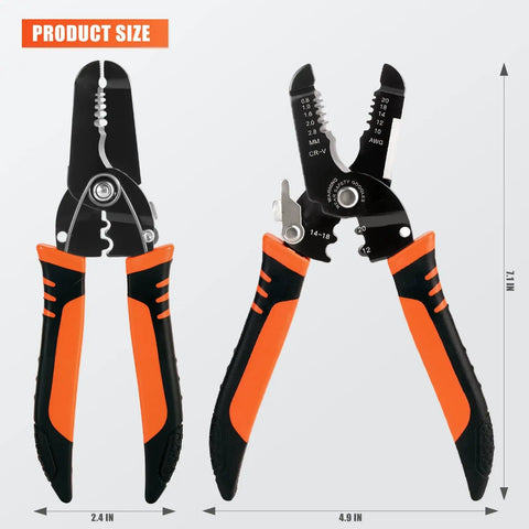 All-In-One Wire Stripper Tool 5 In 1 Pro Grade Pliers with orange and black handles, showing size and features.