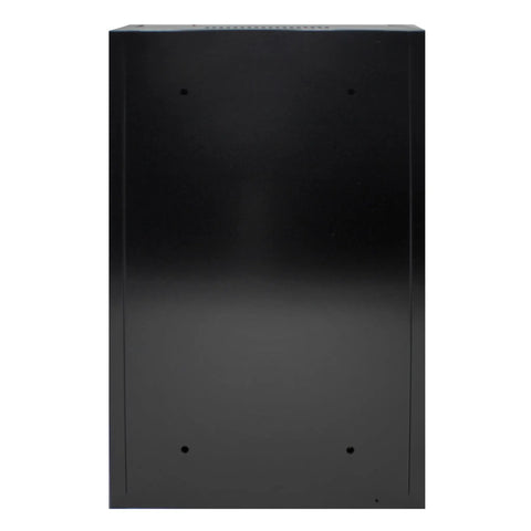 Bulletproof 2U Wall Mount Network Cabinet Featuring Lockable Solid Door And Heavy Gauge Black Steel Frame back view showing predrilled holes.