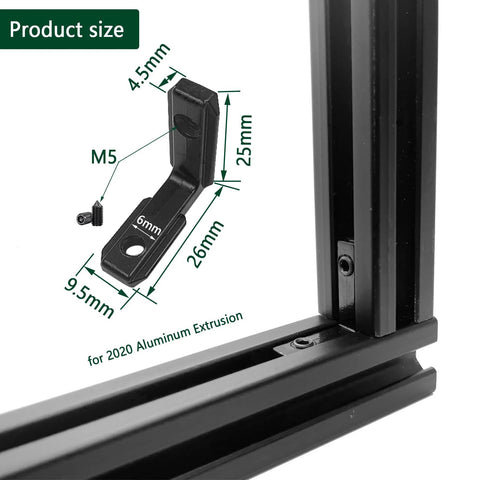 30 Sets 2020 Aluminum Extrusion Hardware Connectors With Screws And Wrench Including 30 Black Corner Brackets And 62 T Nuts For 8020 2040 And 2020 T Slot Aluminum Rails Zinc Nickel Plated For Superior Strength And Flexible Framing, showing product size and measurements.