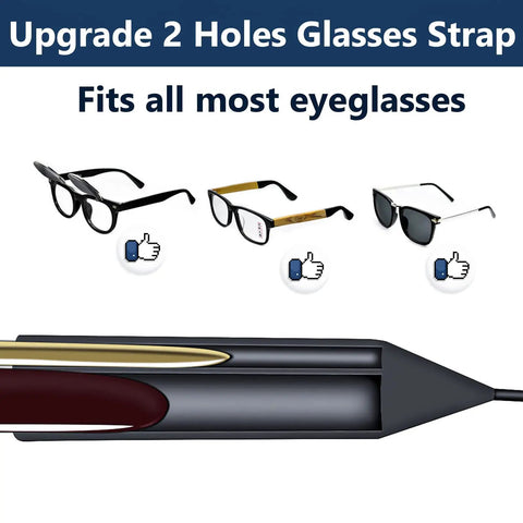 Two Hole Adjustable Eyeglasses Strap For Kids And Adults Lanyard Eyewear Retainer shown with various frames, close-up on strap hole.