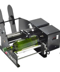 No Sweat Heavy Duty Automatic Label Applicator For Round Containers Dual Sided Bottle Labeling Machine, black design, bottle in place.
