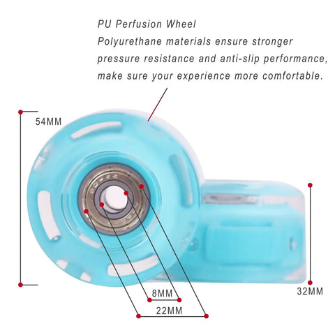 Detail of Eight Pack 82A Light Up Roller Skate Wheels 54x32mm With Bearings Installed Self Powered No Battery Required Teal LED