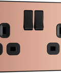 Modern Screwless Double Switched Wall Socket In Polished Copper Hella Easy Install Power Outlet For Home Renovation with dual black switches