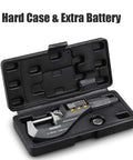 Digital Micrometer For Inch And Metric Measurements with case and extra battery, showing LCD and ratchet stop.