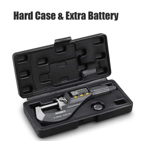 Digital Micrometer For Inch And Metric Measurements with case and extra battery, showing LCD and ratchet stop.