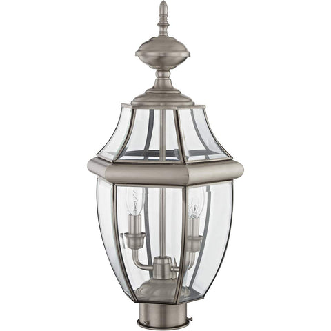 Monterey Two Light Outdoor Post Head Light in Brushed Nickel Finish with Solid Brass Construction and Clear Beveled Glass Lantern