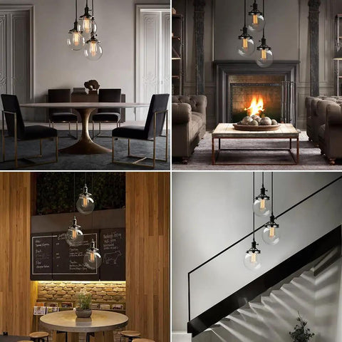 Three Light Industrial Cluster Pendant Ceiling Fixture With 5.9 Inch Clear Globe Shades In Black Finish For Foyer Entryway