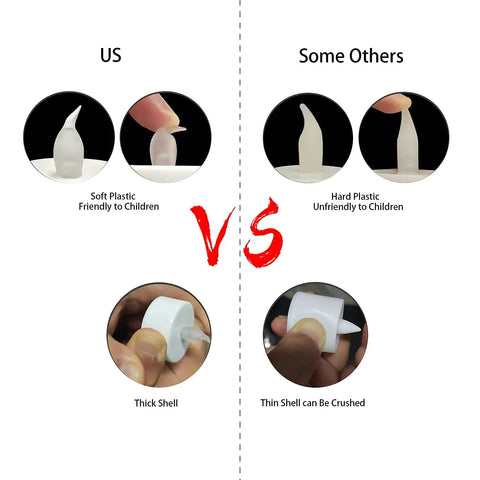 Comparison of soft plastic and hard plastic in tea lights from 24 Pack Battery Operated Tea Lights Candles With Realistic LED Flicker.