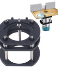 Heavy Duty Aluminum Router Lift Featuring Rock Solid Four Jaw Clamping And Smooth Adjustable Height Design With Rust Resistant Steel Rod for woodworking projects with a clamp and motor.