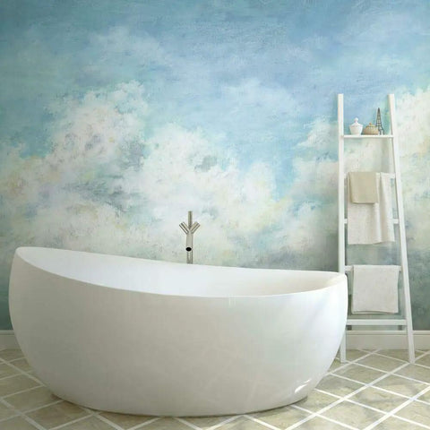 Blue In The Clouds Peel And Stick Wall Mural 10.5 Ft by 6 Ft easy to install in bathroom with bathtub and towel rack