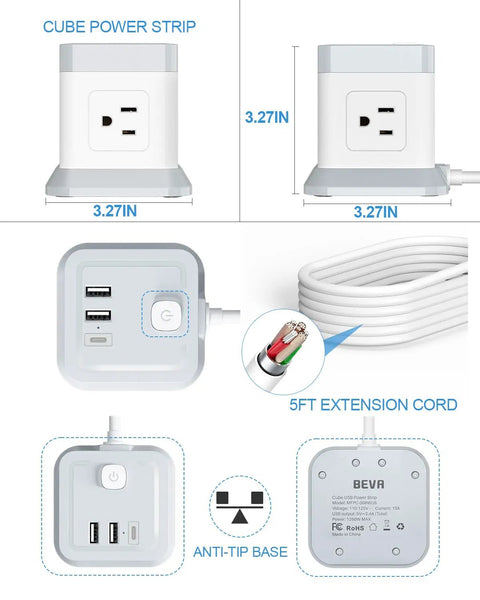 7 In 1 Power Strip Cube With 4 Outlets And 3 USB Ports, 5 Foot Extension Cord, Compact desktop charging station shown in detail