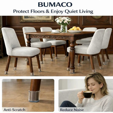 Dining room with 20 Pack Chair Leg Floor Protectors Silicone Pads For Hardwood Floors Clear Universal Fit For Round And Square Chair Legs 1.31 Inches To 2 Inches Durable Floor Saver Cushioned Pads on chair legs, preventing scratches.