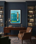 Outrigger Canoe Surfing Vintage Airline Travel Poster by Stan Galli, 1960s Master Art Print displayed in home interior.