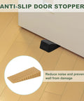 Six Pack Rubber Door Stoppers For Bottom Of Door 15mm Anti Slip Wedge Stackable Orange Door Stops To Guard Floors And Keep Doors Propped Open Fits Small Gaps And Thin Doors shown in use propping open a white door on a wooden floor.