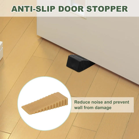 Six Pack Rubber Door Stoppers For Bottom Of Door 15mm Anti Slip Wedge Stackable Orange Door Stops To Guard Floors And Keep Doors Propped Open Fits Small Gaps And Thin Doors shown in use propping open a white door on a wooden floor.