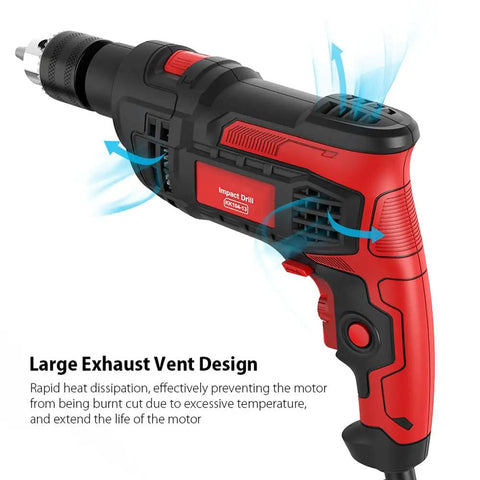 850W Corded Hammer Drill with 1/2 Inch Chuck, highlighting large exhaust vent for cooling, black and red design, 2-in-1 function.