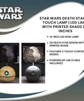Death Star 3D Touch Lamp USB LED Desk Light With Printed Death Star Shade showing illuminated lamp and printed base details