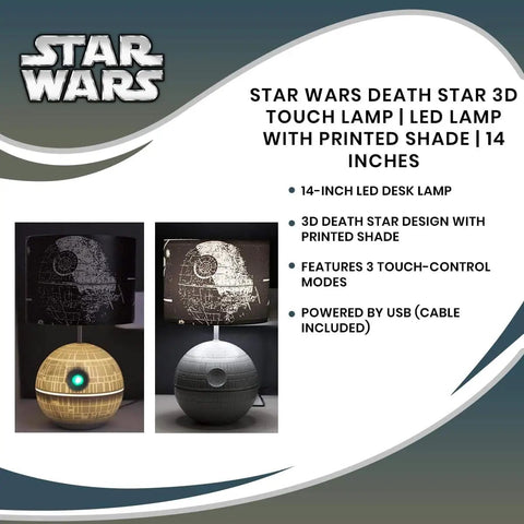 Death Star 3D Touch Lamp USB LED Desk Light With Printed Death Star Shade showing illuminated lamp and printed base details