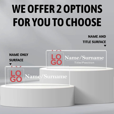 Fully Customizable Desk Name Plate With Logo Upload Acrylic Office Name Plate showing two customization options