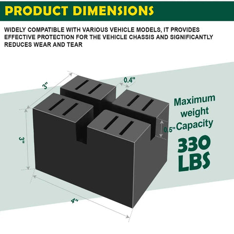 Set Of 4 Pinch Weld Blocks With Solid Rubber Lift Spacers, Jack Bracket Adapters, Universal Slotted Frame Rail Protectors for Automobile Lifts, Dimensions