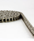 Nickel Plated ANSI 35NP Roller Chain, 10 Feet With 2 Master Links, Corrosion Resistant, 0.375 Inch Pitch, shown coiled and extended