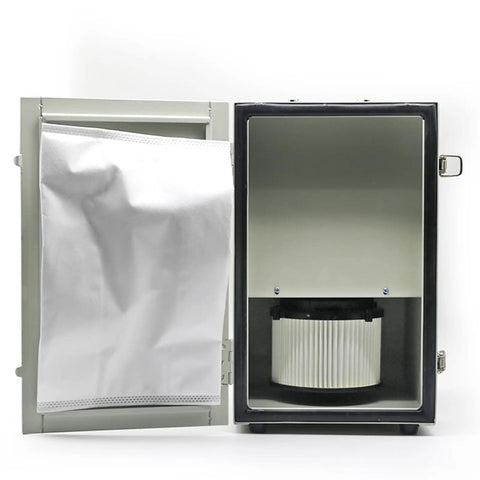 Heavy Duty 550W Dental Lab Vacuum Dust Collector Double Impeller Digital Extractor showing interior filter and dust bag.