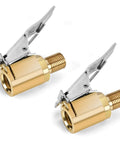 Two brass tire inflation hose adapters with locking air chucks and threaded twist connections, 2 pack, on a white background.