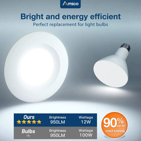 6 Inch LED Recessed Downlights Kit 12 Pack Dimmable Damp Rated 12.5W Equal 100W 950 Lumens Can Lights With Baffle Trim 5000K Daylight Retrofit Installation ETL FCC Certified