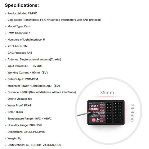 Specifications sheet for FS-R7D 2.4GHz ANT Protocol Receiver with 7 PWM Channels and single antenna size details.