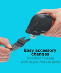 Person demonstrating quick accessory release on Powerful Oscillating Multi Tool Workhorse With 2.5 Amp Motor And Variable Speed Dial.
